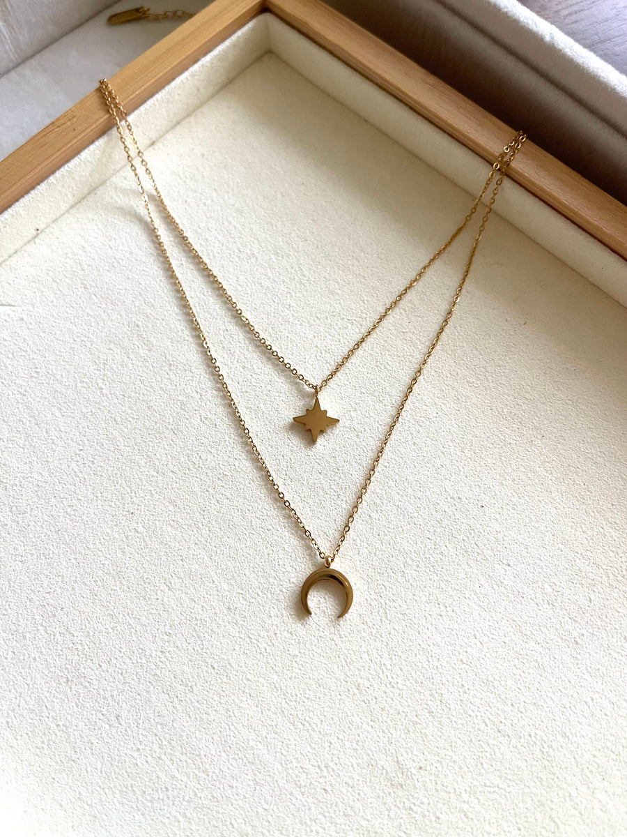 Star and Moon Double Layered Necklace - Gold – Omen Bazaar