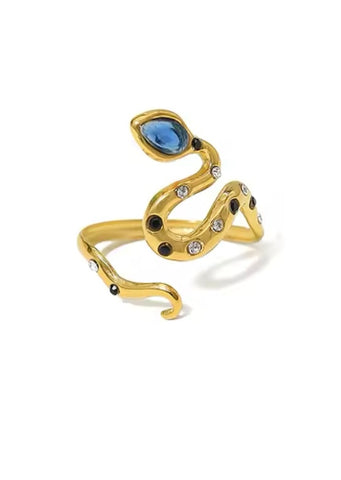 Snake Ring with Blue Crystals - Gold