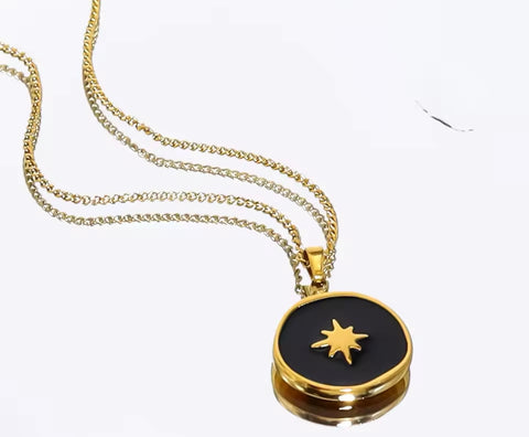 Black Coin Necklace with a Star - Gold