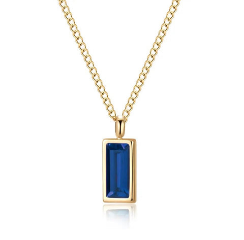 Baguette Cut Blue Crystal Necklace - Gold