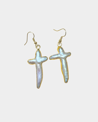 Fresh Water Pearl Cross Earrings - Gold