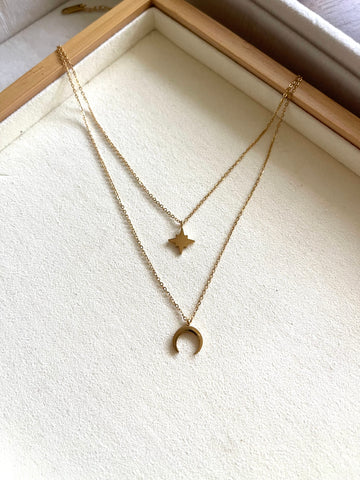 Star and Moon Double Layered Necklace - Gold