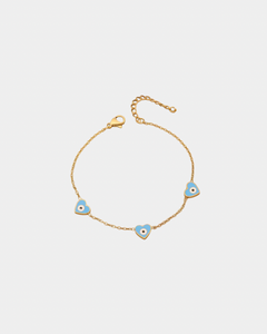 Heart Bracelet with Evil Eyes in Blue - Gold