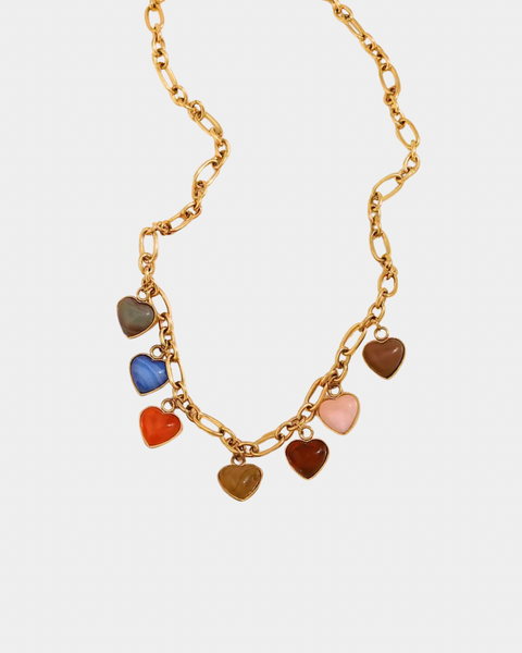 Rainbow Gems Hearts Necklace - Gold