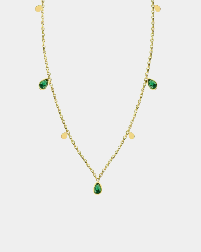 Boho Necklace with Green Drop Crystals - Gold