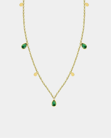 Boho Necklace with Green Drop Crystals - Gold