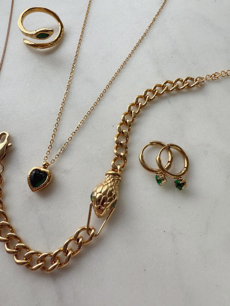 Snake Bracelet with Green Crystals - Gold