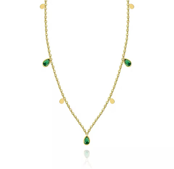 Boho Necklace with Green Drop Crystals - Gold