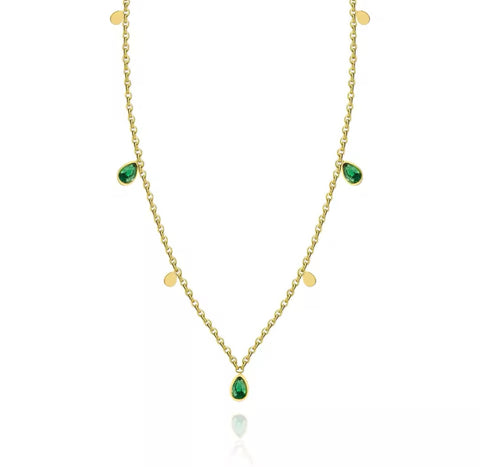 Boho Necklace with Green Drop Crystals - Gold