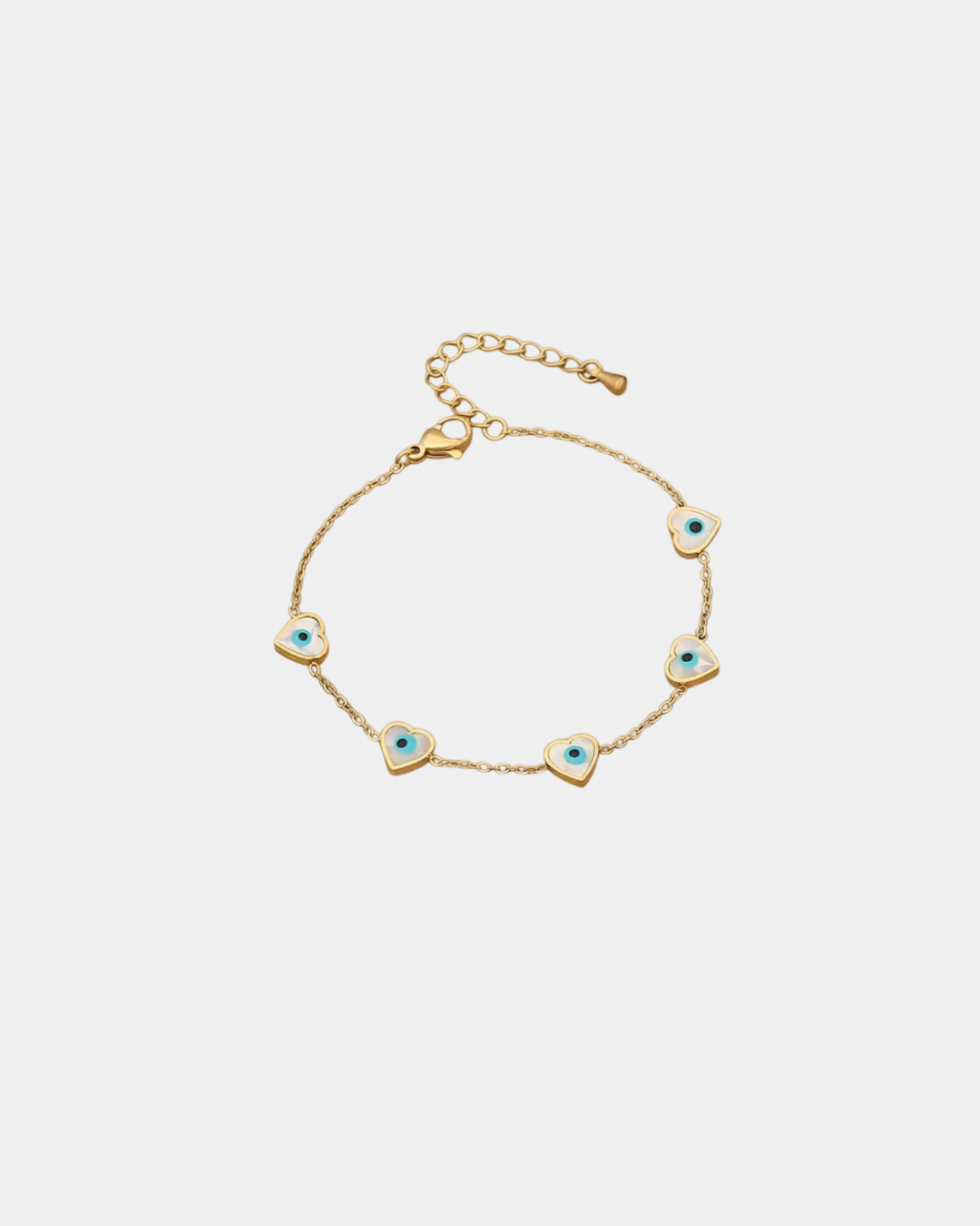 Heart Bracelet with Evil Eyes in White - Gold