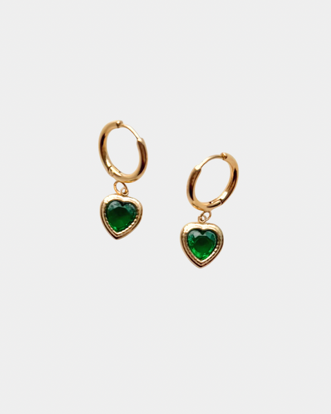 Heart Hoop Earrings with Green Crystal - Gold
