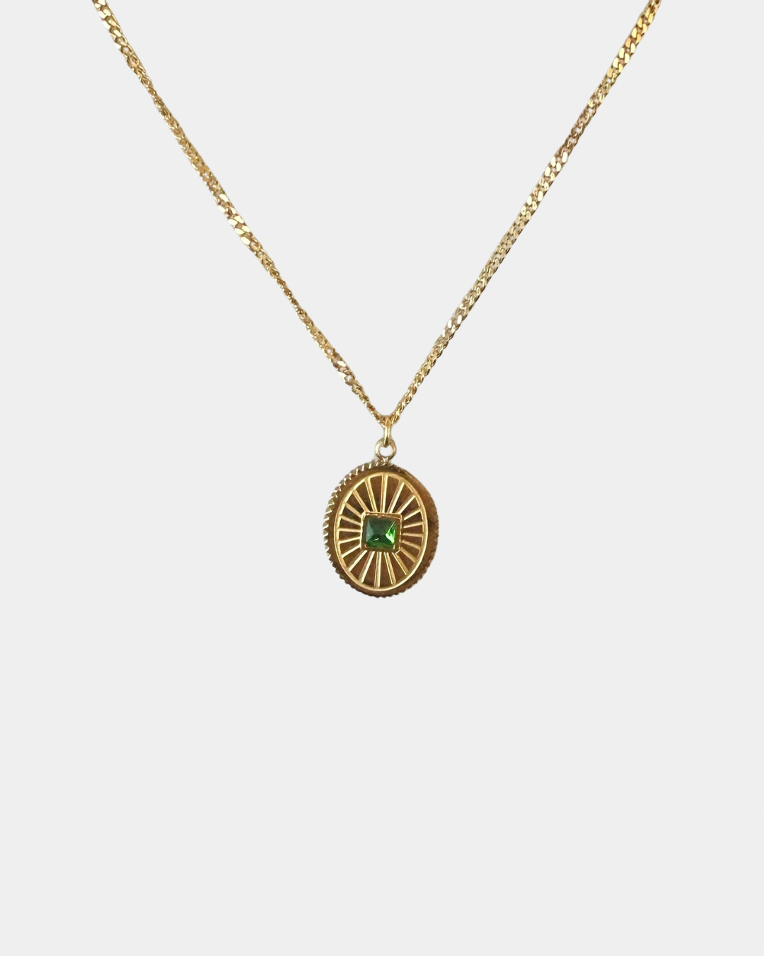 Medallion Necklace with Green Crystal - Gold