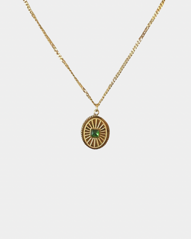 Medallion Necklace with Green Crystal - Gold