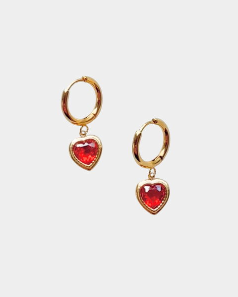 Heart Hoop Earrings with Red Crystal - Gold