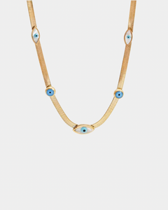 Evil Eye Protection Necklace with Herringbone Chain - Gold
