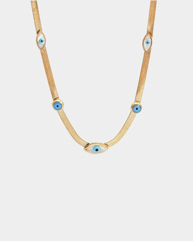 Evil Eye Protection Necklace with Herringbone Chain - Gold