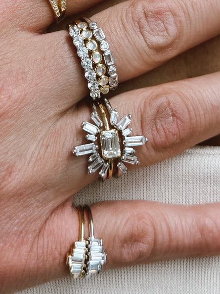 Art Deco Baguette Cluster Ring - 925 Sterling Silver - Gold & Silver