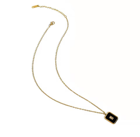 Black Rectangle Necklace with Crystal - Gold