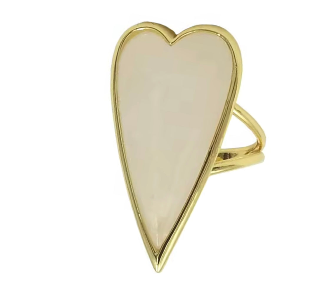 Rose Quartz Heart Statement Ring - Adjustable - Gold