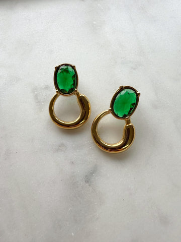 Green Crystal Stud Earrings - Gold