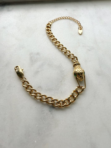 Snake Bracelet with Green Crystals - Gold