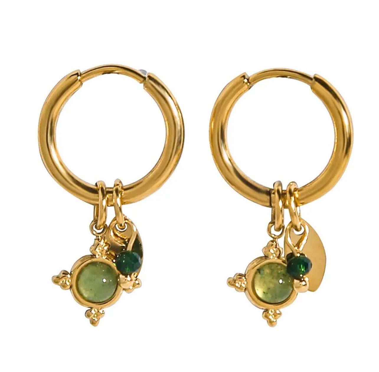 Green Natural Stones Hoop Earrings - Gold