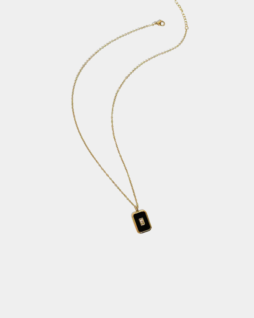 Black Rectangle Necklace with Crystal - Gold