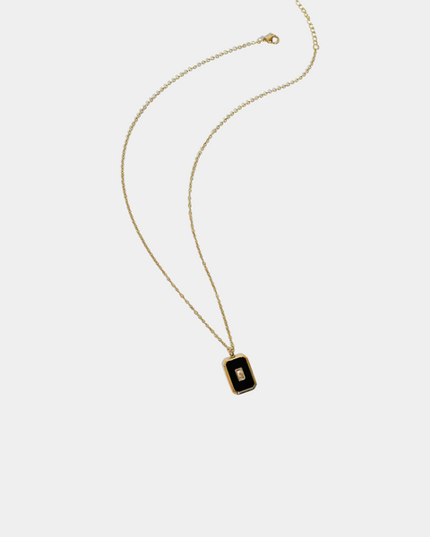 Black Rectangle Necklace with Crystal - Gold