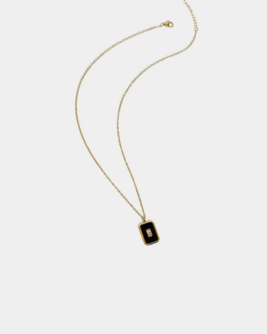 Black Rectangle Necklace with Crystal - Gold