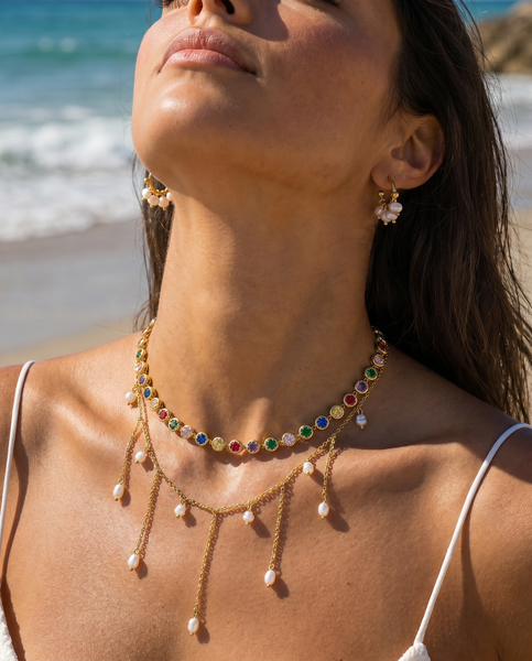 Rainbow Crystals Choker Necklace - Gold