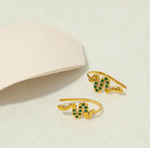 Snake Earrings with Green Crystals - Gold
