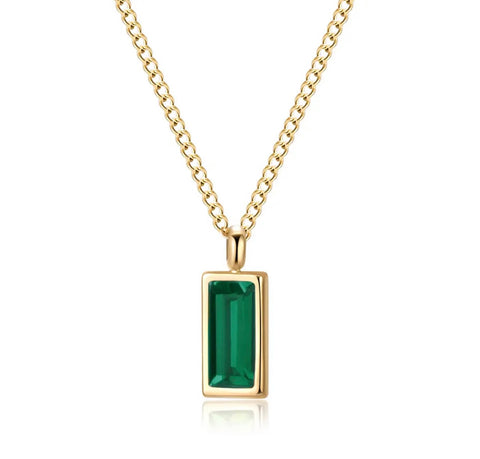 Baguette Cut Green Crystal Necklace - Gold