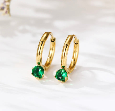 Hoop Earrings with Green Crystals - Gold