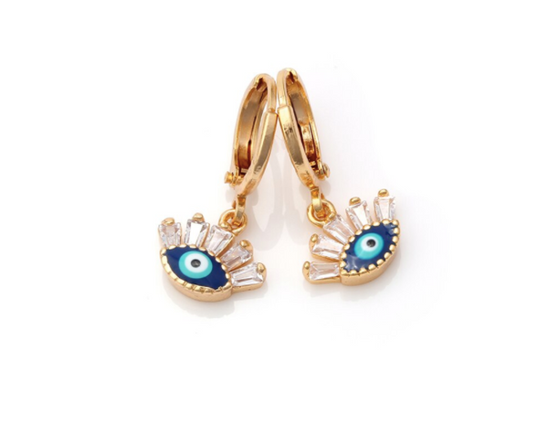 Eye with Baguette Crystals Hoop Earrings - Gold