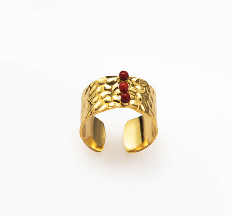 Adjustable Triple Garnet Stone Ring - Gold