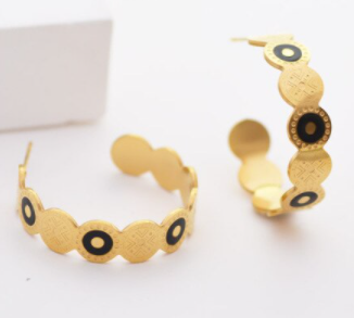 Geometric Hoop Earrings - Round Black - Gold