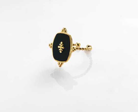 Vintage Enamel Ring - Black - Gold
