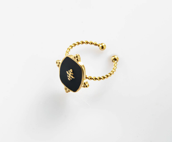 Vintage Enamel Ring - Black - Gold