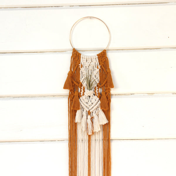 Macrame Air Plant Holder with Tassels - Sophia - White & Mustard - Bohemian Home Decor Wall Hanging