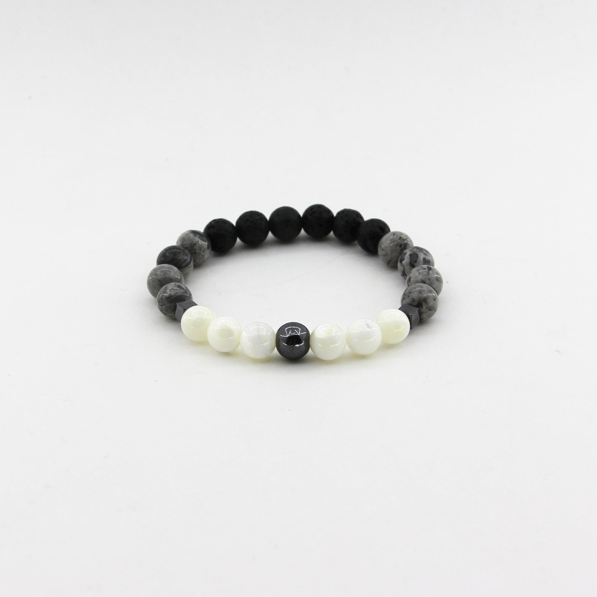 Emotional Strength - Silver Crazy Lace Jasper, Mother of Pearl, Lava, Hematite - Gemstone Bracelet