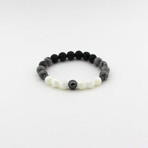 Emotional Strength - Silver Crazy Lace Jasper, Mother of Pearl, Lava, Hematite - Gemstone Bracelet