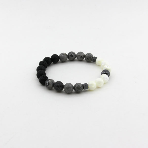 Emotional Strength - Silver Crazy Lace Jasper, Mother of Pearl, Lava, Hematite - Gemstone Bracelet