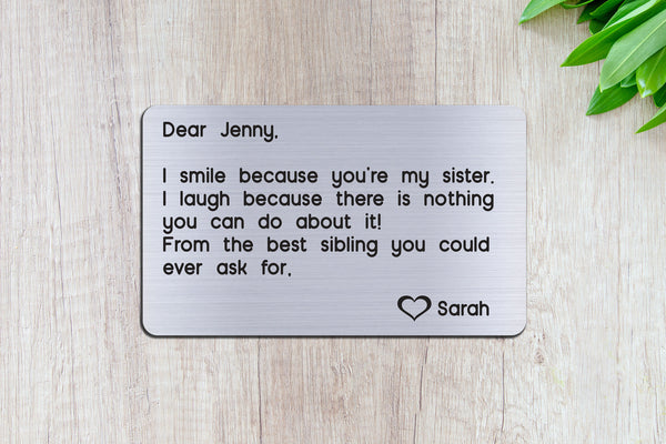 Personalized Engraved Wallet Card Insert, Sister, Family Gift, From the Best Sibling- Silver