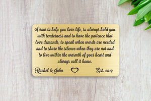 Wedding Vows, Personalized Wallet Card Insert, Help You Love Life, Marriage, Engagement, Gold