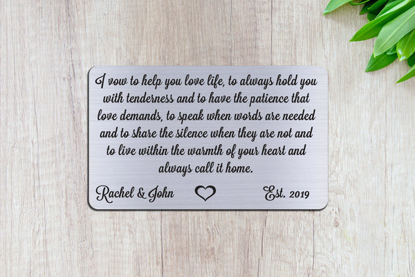 Wedding Vows, Personalized Wallet Card Insert, Help You Love Life, Marriage, Engagement, Silver