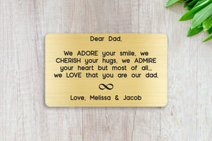 Personalized Engraved Wallet Card Insert, We Adore Your Smile Dad, Gift, Father's Day, From the Kids, Gold