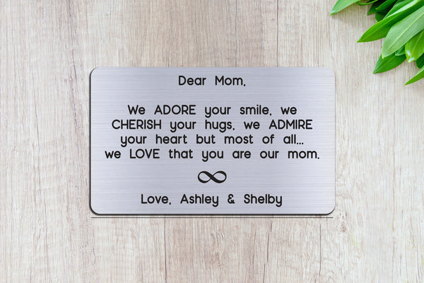 Personalized Wallet Card Insert, Engraved, Gift to Mom, We Adore Your Smile Mom, from the Kids, Silver