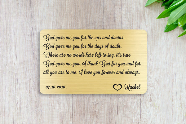 Wedding Vows, Personalized Wallet Card Insert, God Gave Me You, Marriage, Engagement, Gold