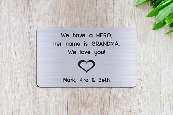 Personalized Engraved Wallet Card Insert, Gift for Grandma, Hero, From the Grand kids, Silver