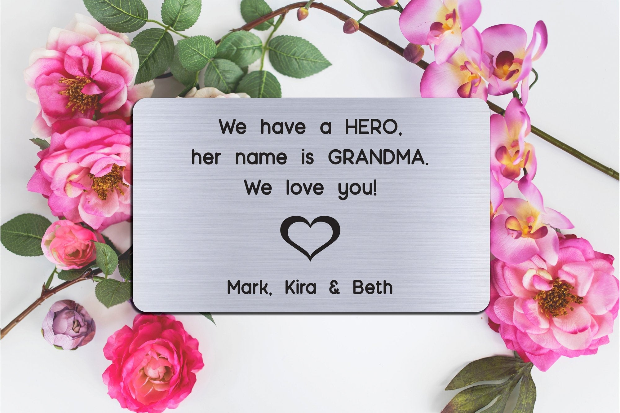 Personalized Engraved Wallet Card Insert, Gift for Grandma, Hero, From the Grand kids, Silver
